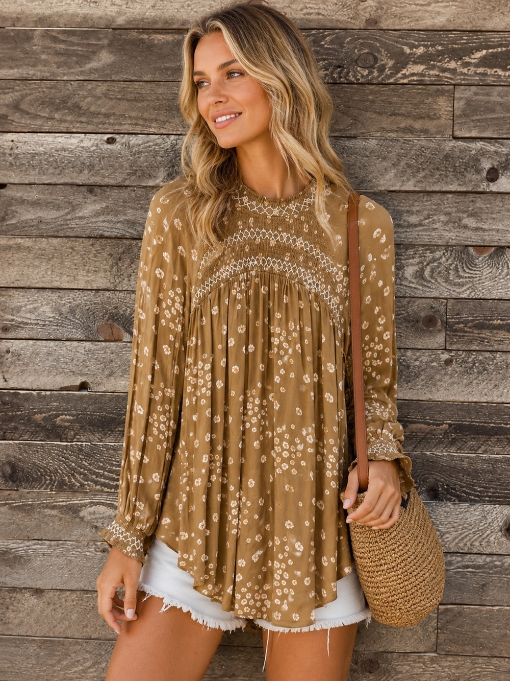 Free People Tan Floral Smocked Peasant Blouse